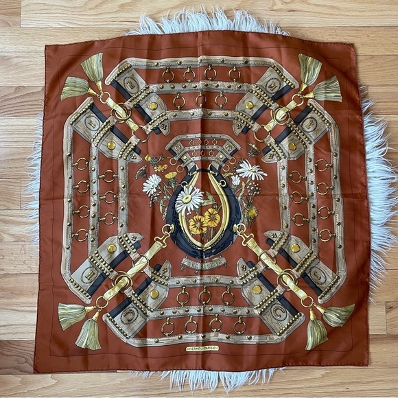 Hermès Vintage Brown Square Aux Champs Equestrian Floral Print Silk Scarf 90cm - Picture 5 of 12